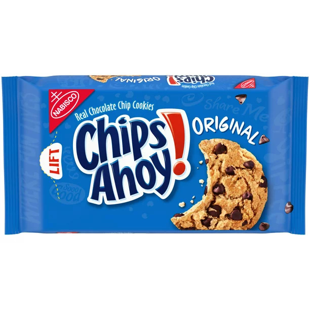 Blue package of Chips Ahoy original chocolate chip cookies on a white background