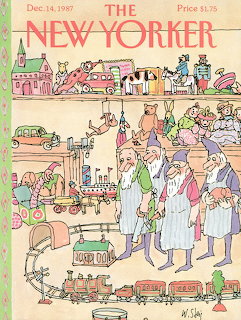 New Yorker magazine cover illustration of people shopping in a toy store with trains and toys at Christmas