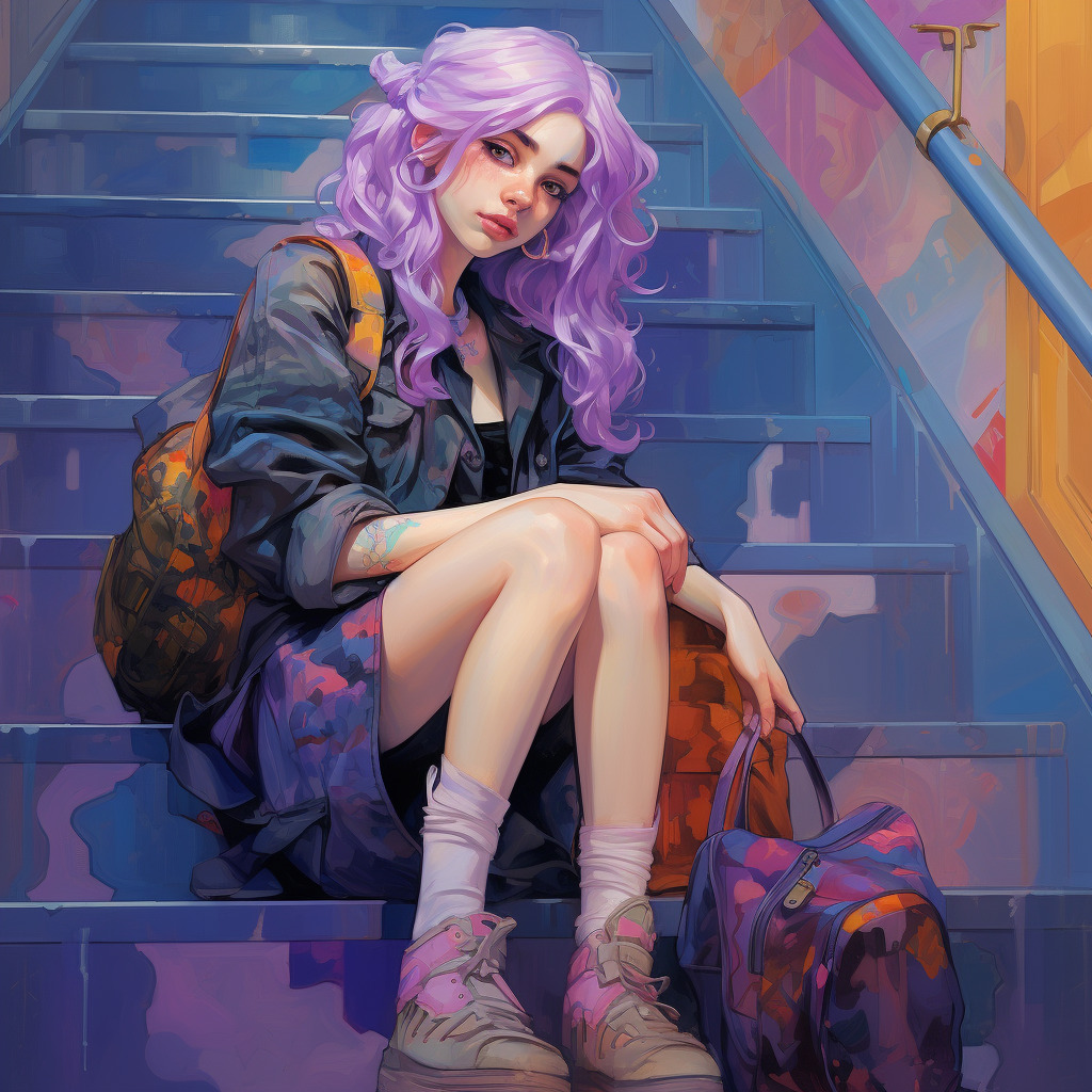 Illustrated girl with long purple hair sitting on blue stairs with backpack and sneakers in soft pastel lighting