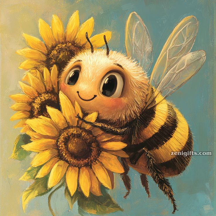 Cute cartoon bee with big eyes holding sunflowers