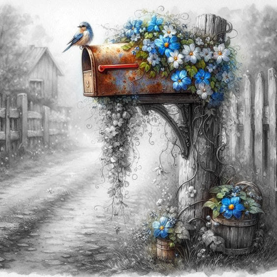 Rusty mailbox with blue flowers in a misty black-and-white rural scene