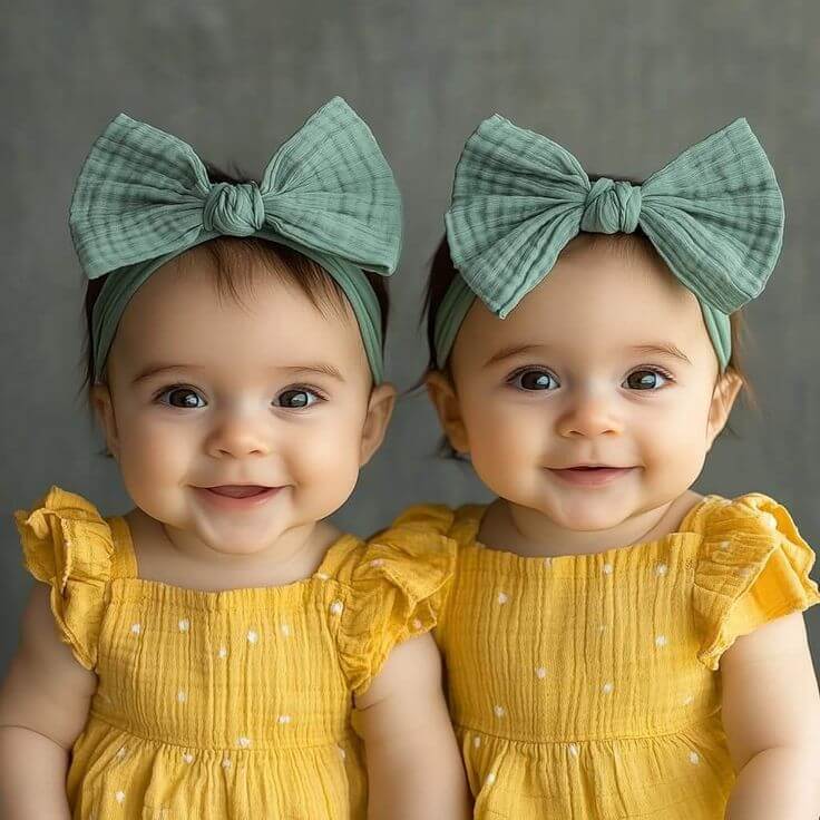 Two smiling baby girls wearing matching yellow dresses and teal bow headbands