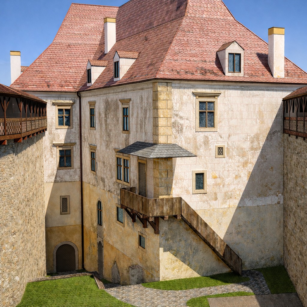 Medieval castle courtyard with aged stone walls, red-tiled roofs, and green lawn under blue sky