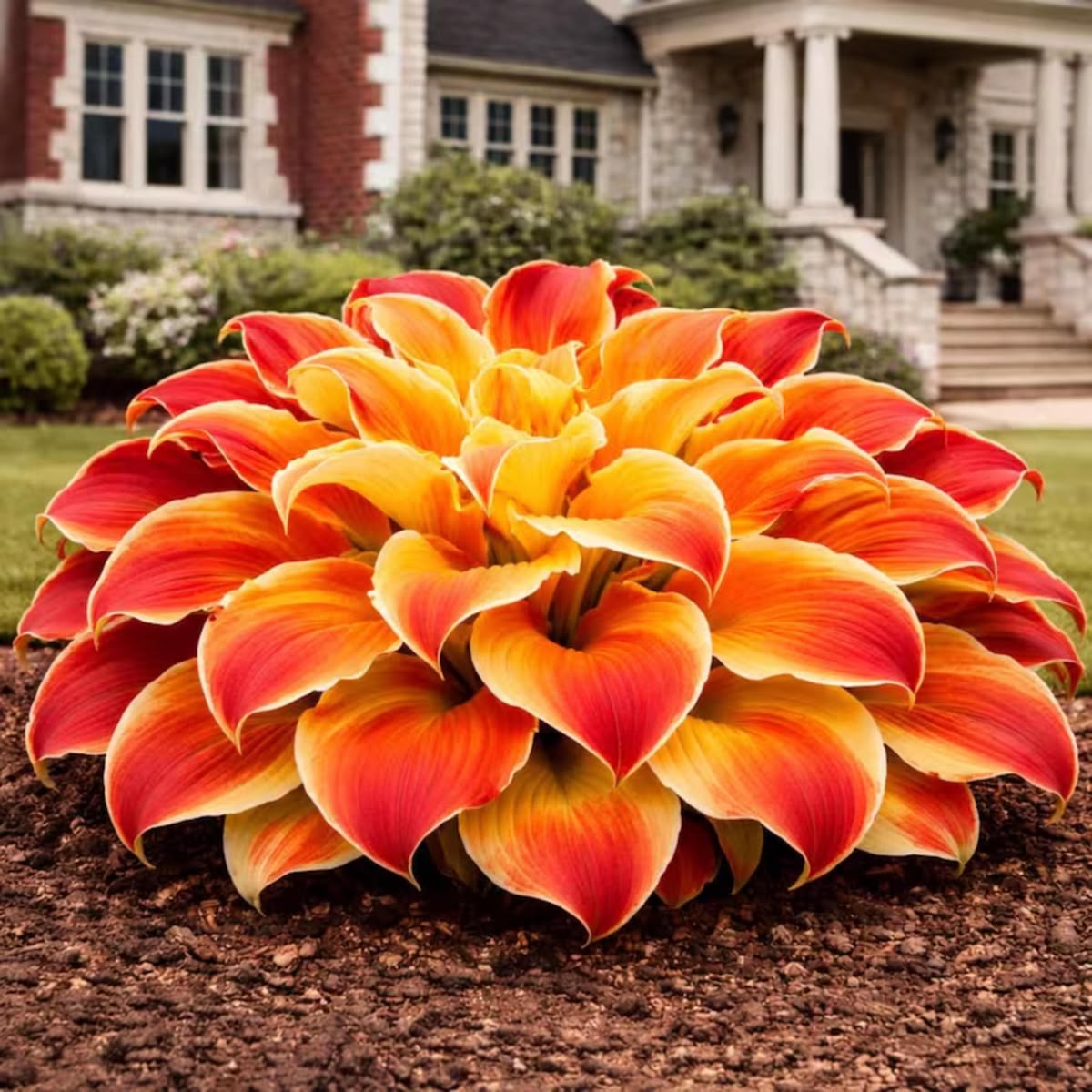 Bright orange and red hosta plant growing in a mulched garden bed in front of a house