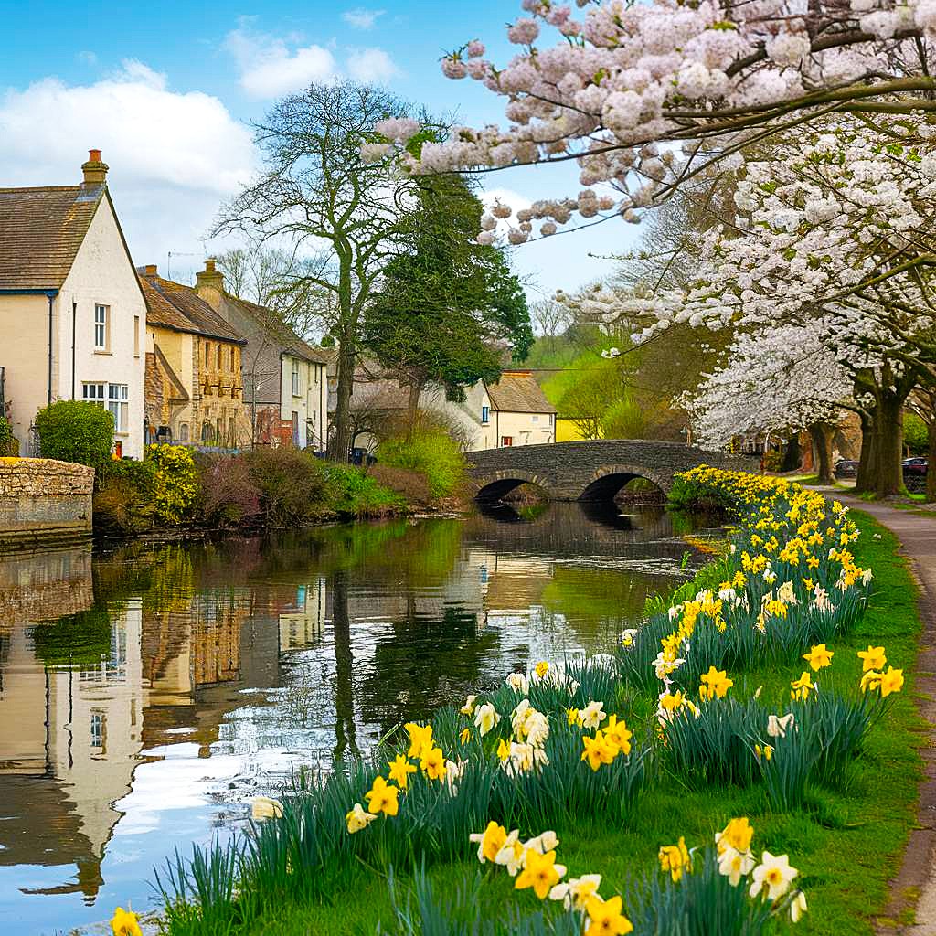 English village with stone cottages beside canal, yellow daffodils and cherry blossoms in spring