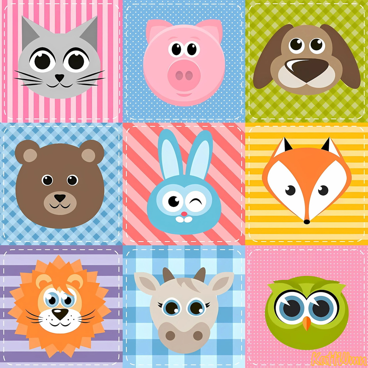 Cute Animal Faces Patchwork Grid
