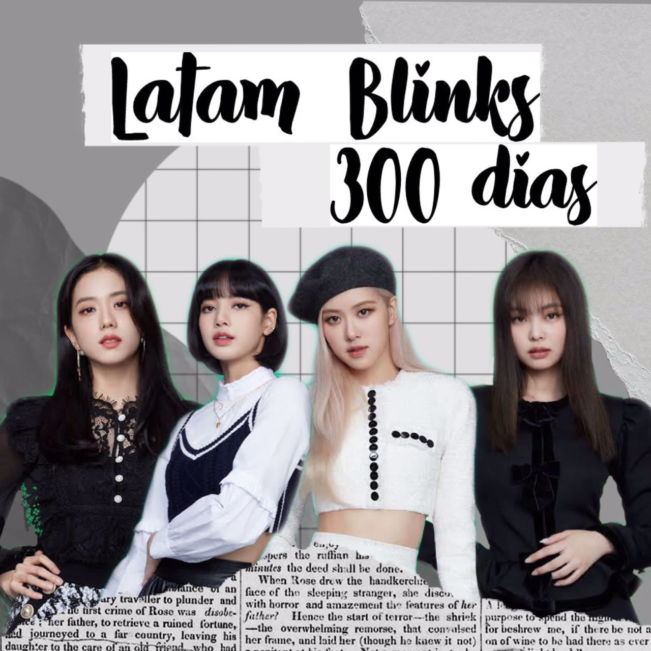 Four young women in black and white fashion posing with Latam Blinks 300 días text