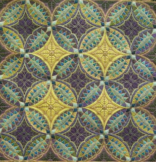 Geometric quilt pattern with yellow star medallions on purple background with green and teal circular overlays