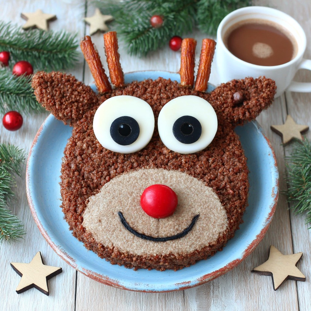 Chocolate reindeer cake with candy eyes, red nose, pretzel antlers on blue plate with Christmas decorations and tea cup