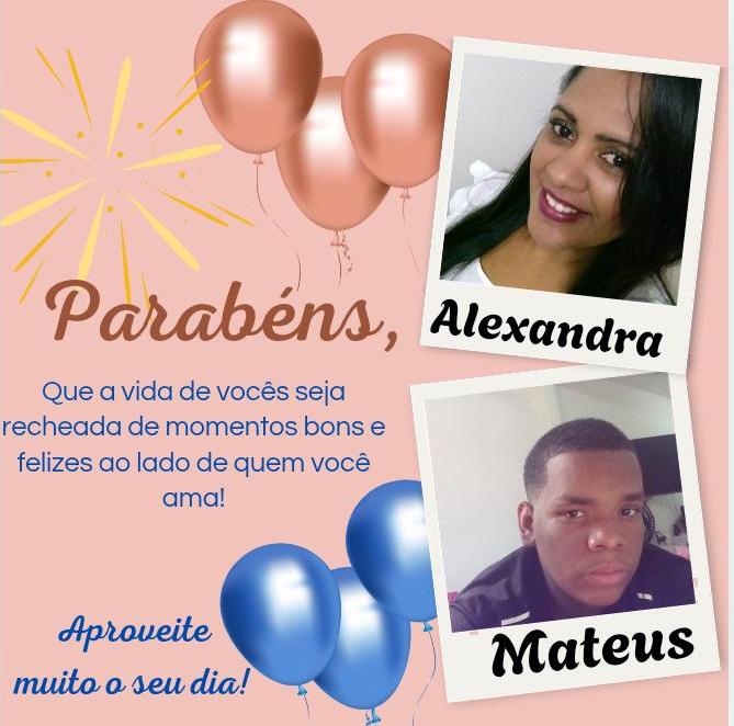 Pink birthday collage with balloons, Portuguese greeting text, and portrait photos of Alexandra and Mateus