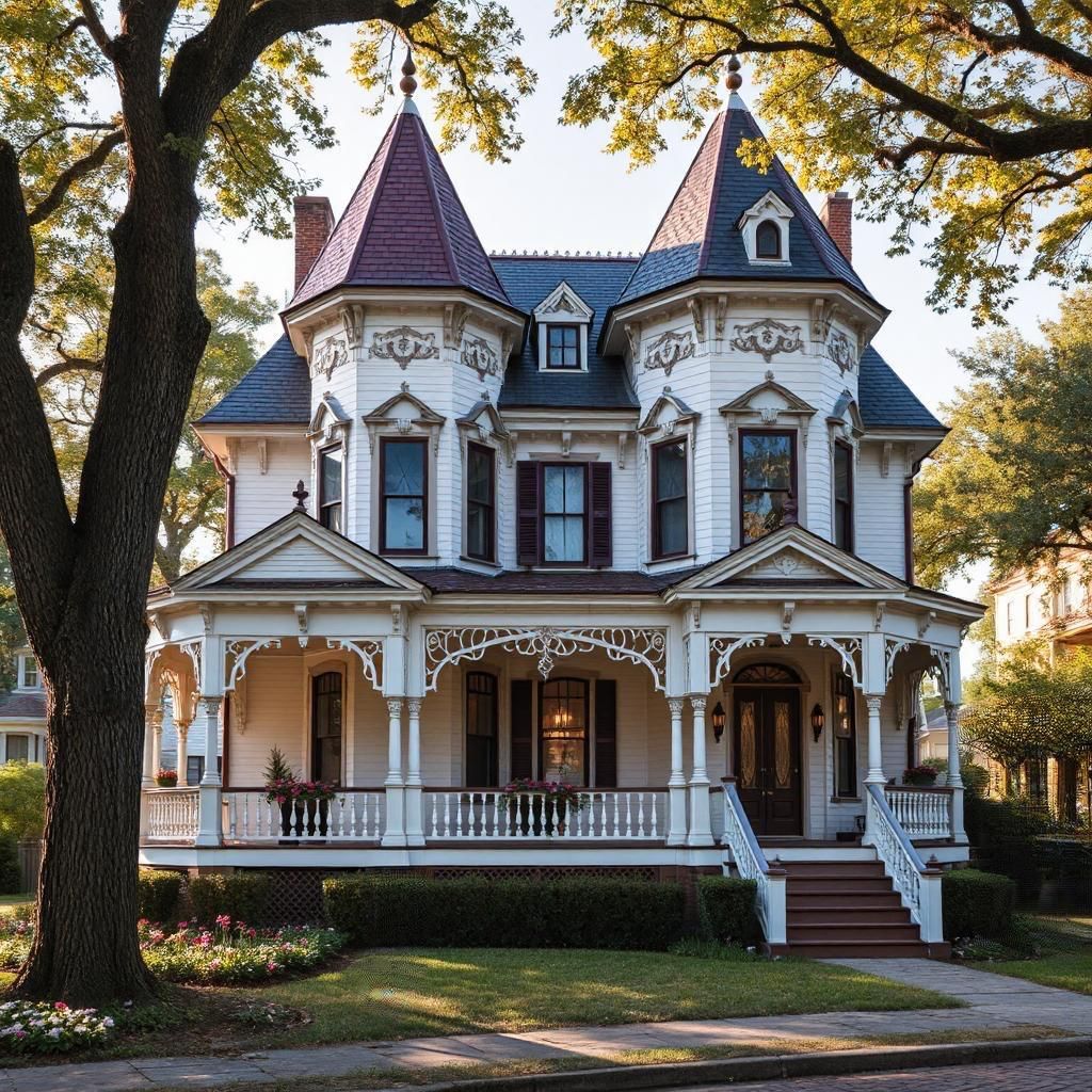 White Victorian mansion with turrets and decorative trim framed by trees with yellow autumn leaves