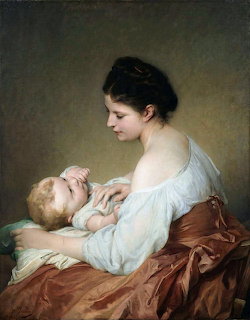 Oil painting of a mother in white blouse cradling a sleeping baby against dark background