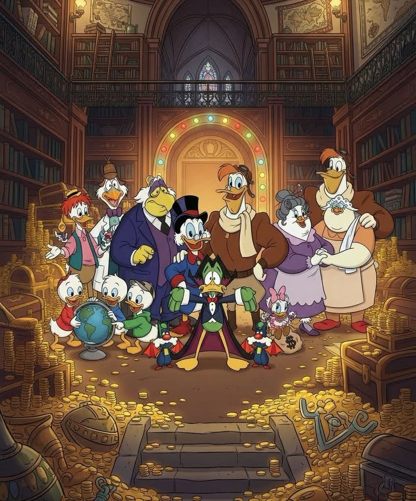 Cartoon duck characters gathered around gold coins and treasure chests in a grand library vault.