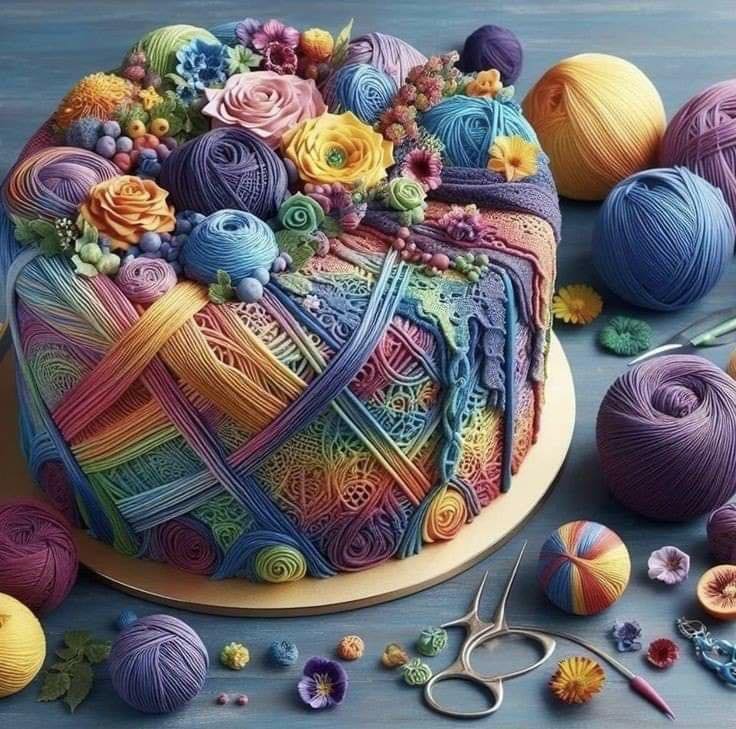 Round cake decorated with yarn balls, knitting needles, buttons, and flowers in rainbow colors