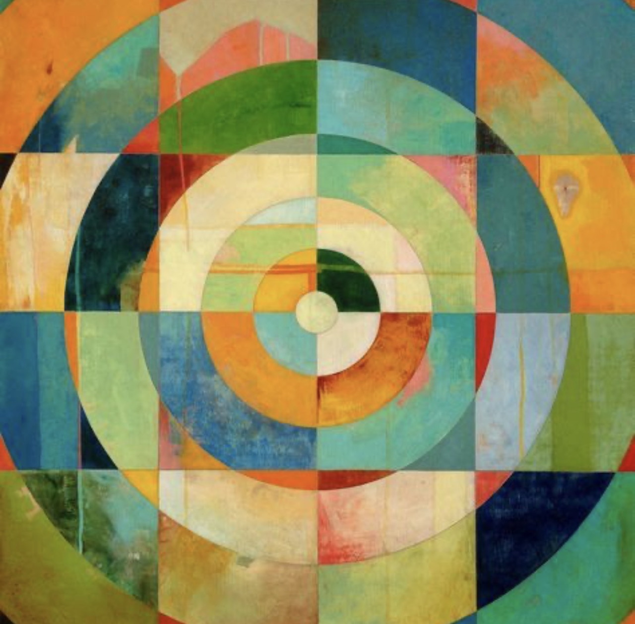 Abstract geometric art with colorful concentric circles and arcs in a square composition