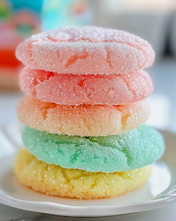 Stack of six colorful sugar cookies with sparkling sugar coating in pastel rainbow colors on a white plate