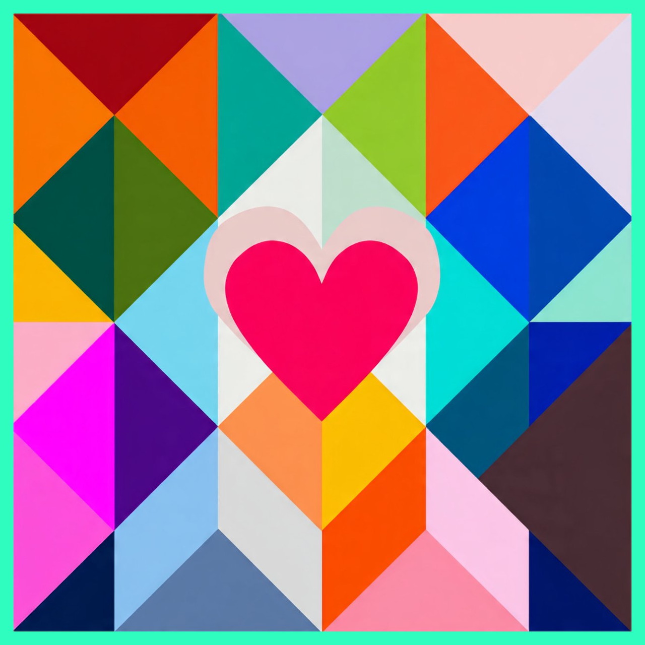 Vibrant geometric pattern with multicolored triangles forming a grid around a central pink heart shape
