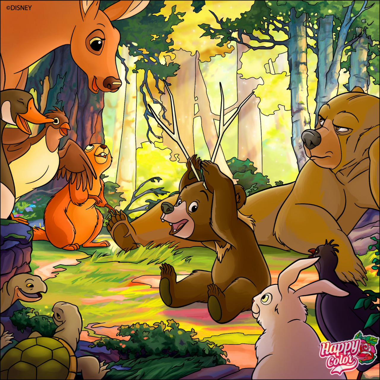 Brother Bear characters including Kenai and Koda with forest animals in animated woodland scene