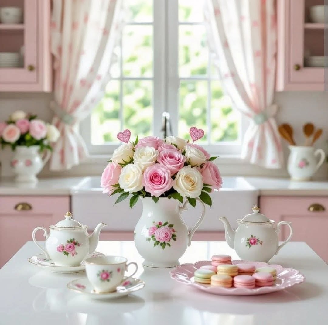 Tea set with pink roses and pastel macarons on a white table by a sunny kitchen window