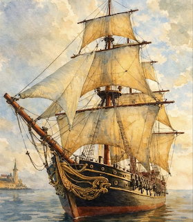 Watercolor painting of a large wooden tall ship with raised sails on calm blue water