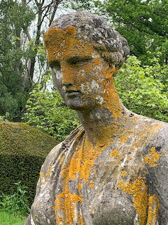 Weathered classical stone statue of a woman covered in orange lichen in a green garden