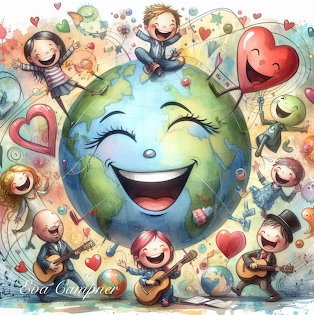 Smiling cartoon Earth with happy children, hearts, and colorful playful doodles