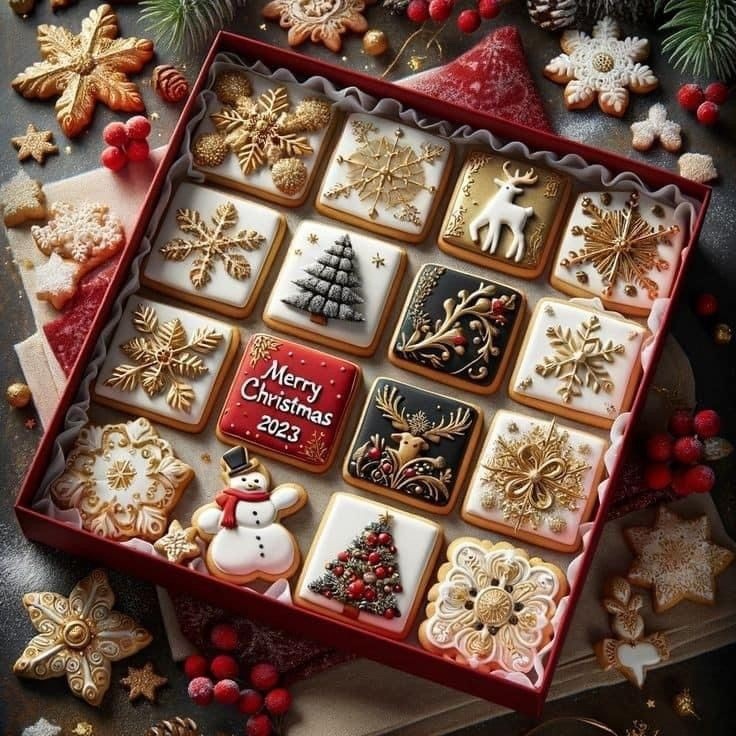 Assorted Christmas gingerbread cookies in decorative gift box with holiday ornaments and pine greenery