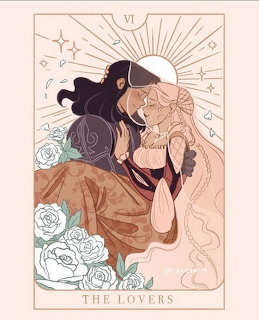 Two figures embracing in art nouveau tarot card style with sun rays and roses