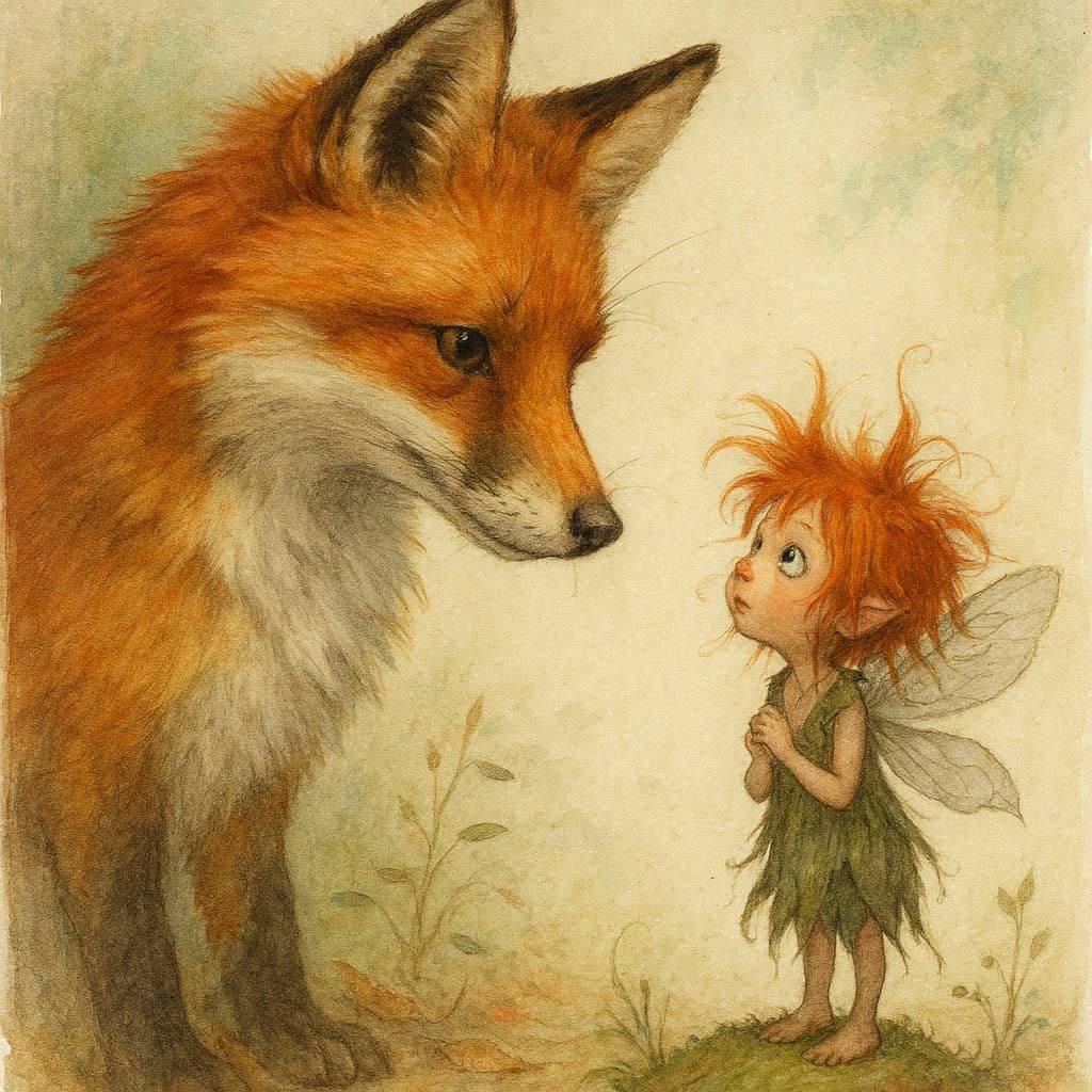 Illustration of a red fox looking at a small winged fairy with messy orange hair