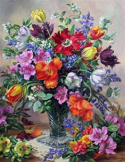 Colorful flower bouquet painting in crystal vase with tulips, daisies and various blooms