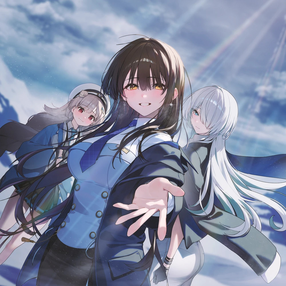 Three anime girls in blue uniforms reaching hands forward under cloudy sky with rainbow