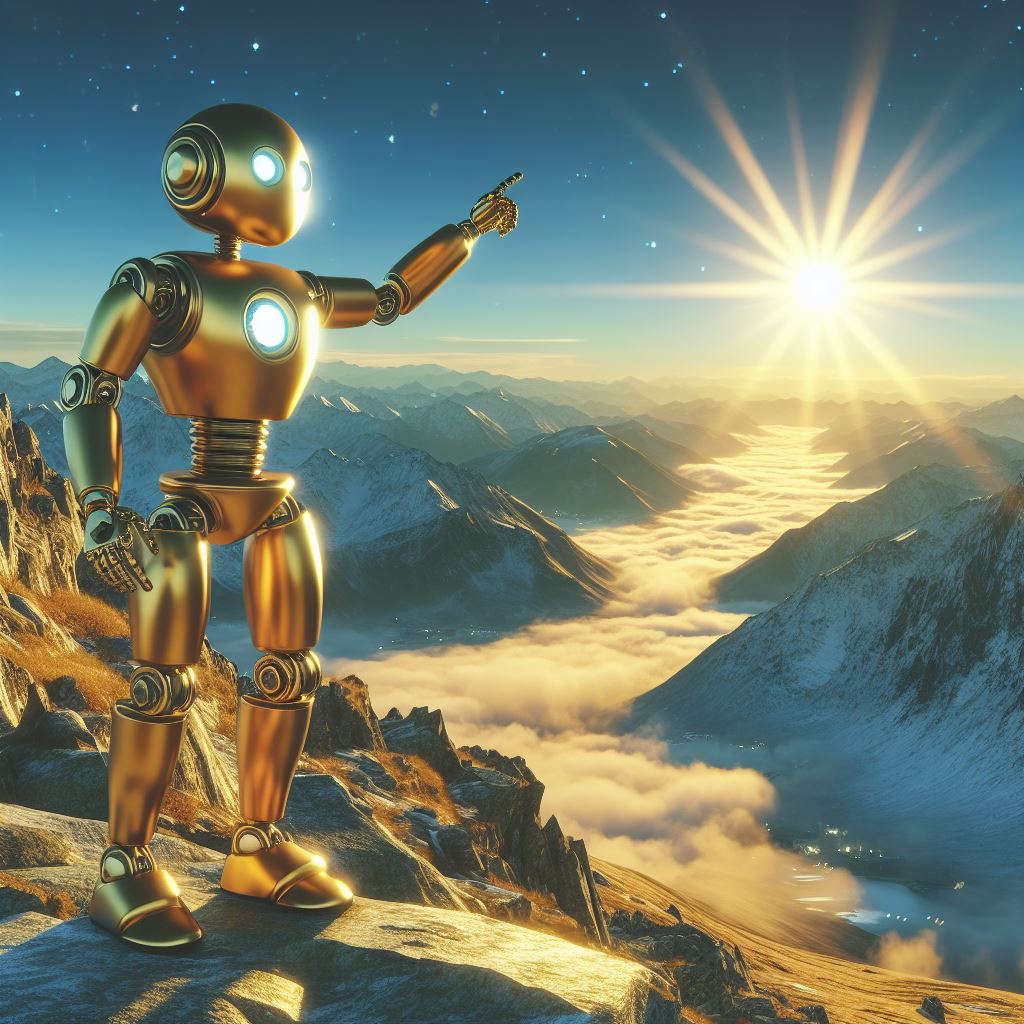 Golden robot on a mountain ridge at sunrise above clouds