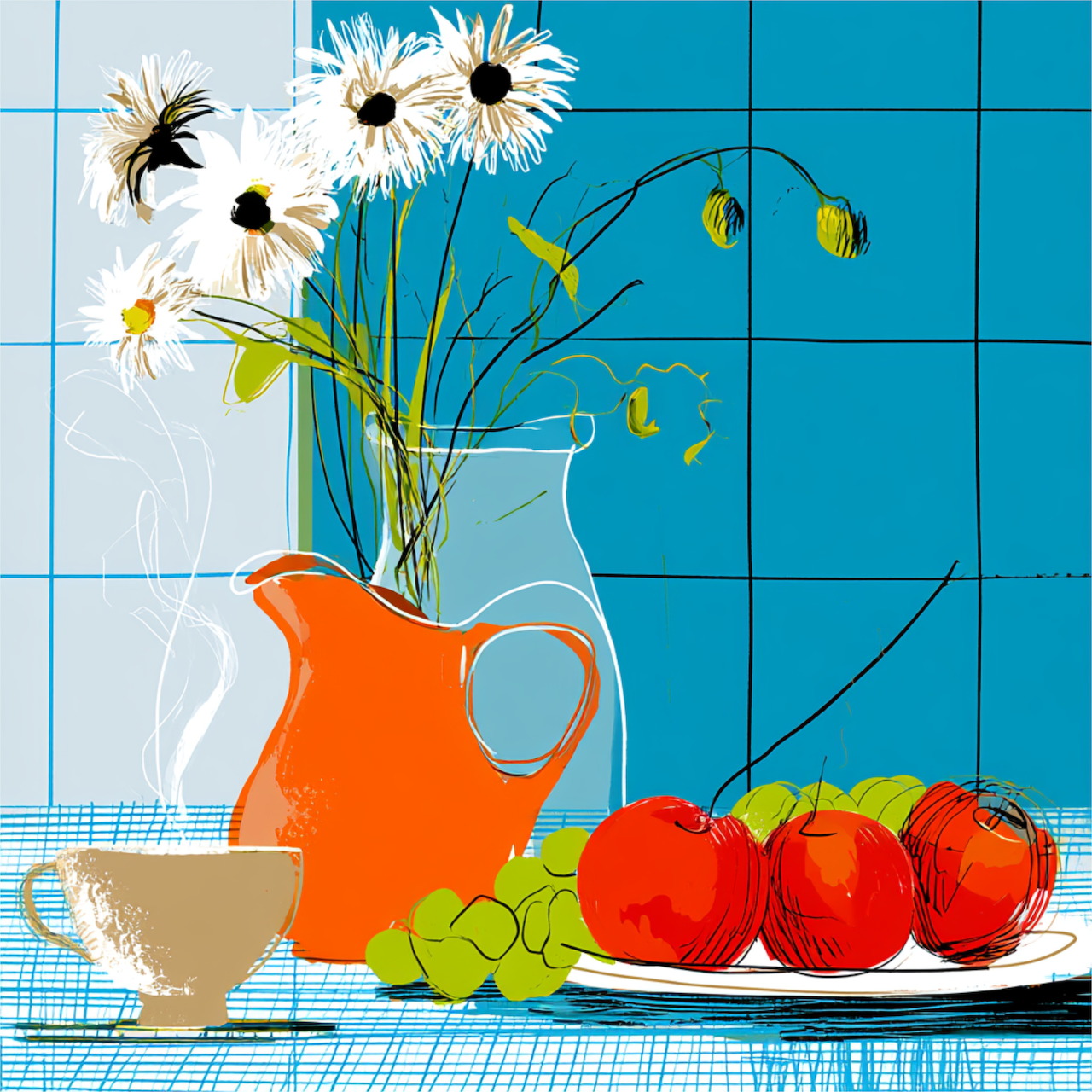 White daisies in orange pitcher with red apples and green grapes on blue checkered background