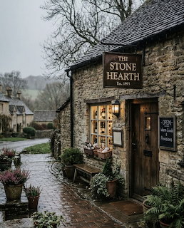 Rustic stone shop with lit windows and a wooden door beside a wet village lane