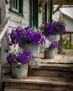 Purple petunias and white flowers in galvanized buckets on weathered wooden porch steps