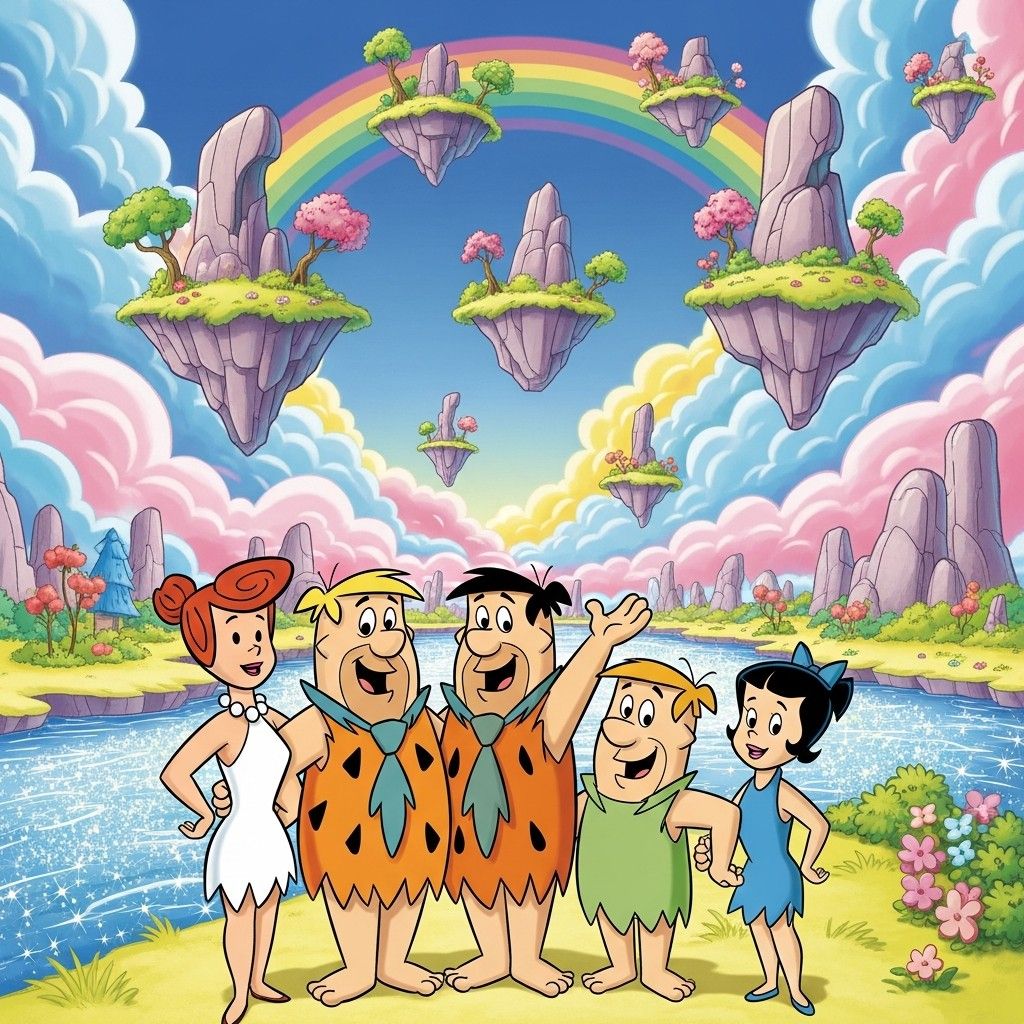 The Flintstones family posing by a river in a colorful cartoon world with floating islands and a rainbow