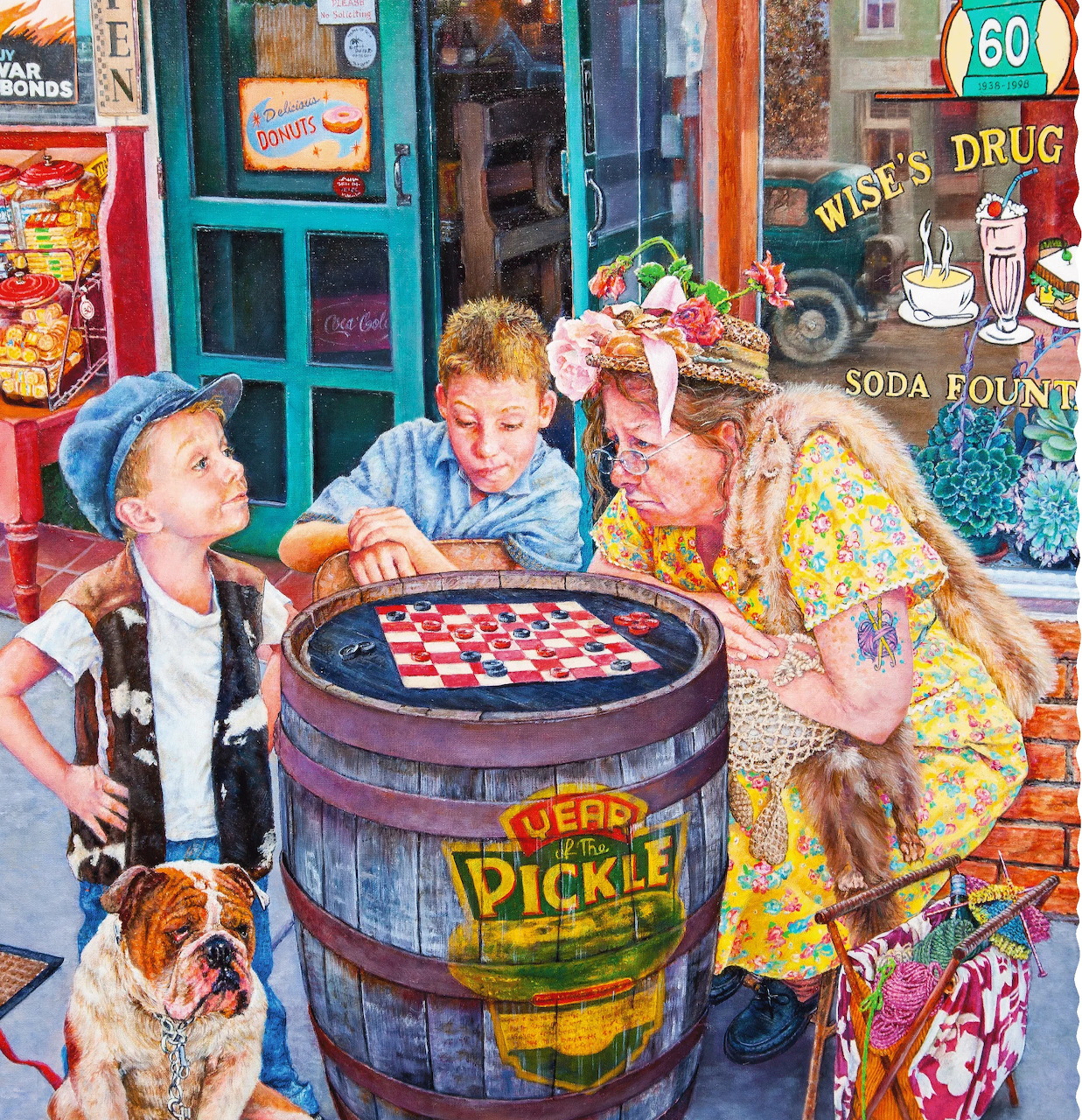 Children and grandmother playing checkers on barrel outside small-town store with bulldog, folk art style