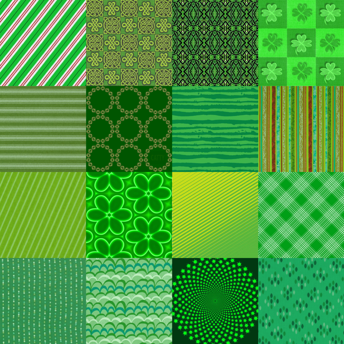 Sixteen square patches arranged in a 4x4 grid, each featuring different green patterns like stripes, dots, and florals