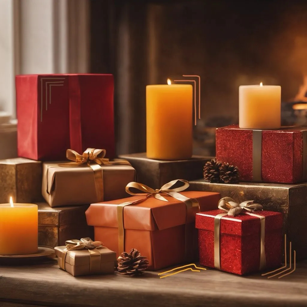 Wrapped Christmas presents and lit candles on a wooden table with pinecones