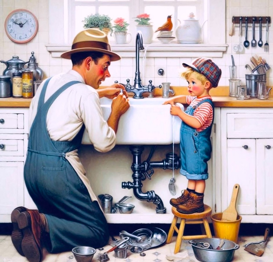 Father and son working together under kitchen sink, man teaching boy about plumbing repair