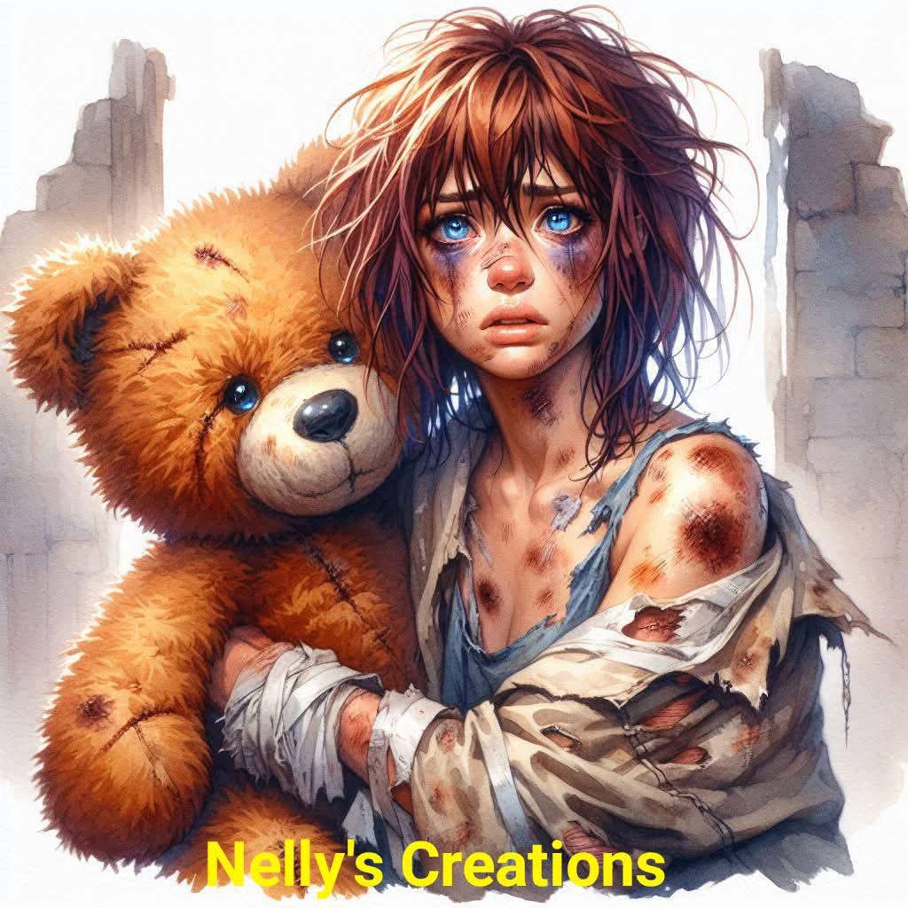 Anime character with tousled hair holding plush teddy bear against watercolor ruins background
