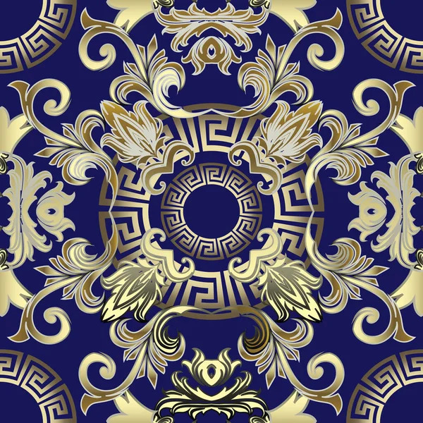 Ornate symmetrical pattern with gold Greek key borders and baroque scrolls on navy blue