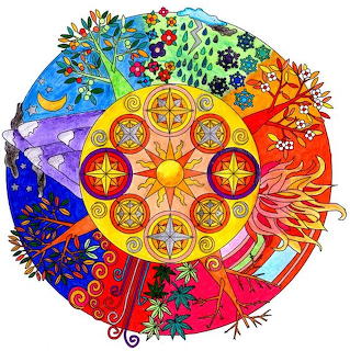 Colorful circular mandala with geometric patterns and nature symbols in rainbow segments