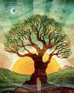 Illustrated tree at sunset with a small figure beneath it and a glowing sky