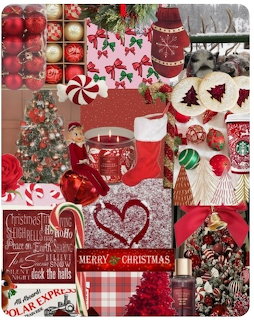 Christmas collage with ornaments, stockings, gifts, a tree, and red holiday decorations