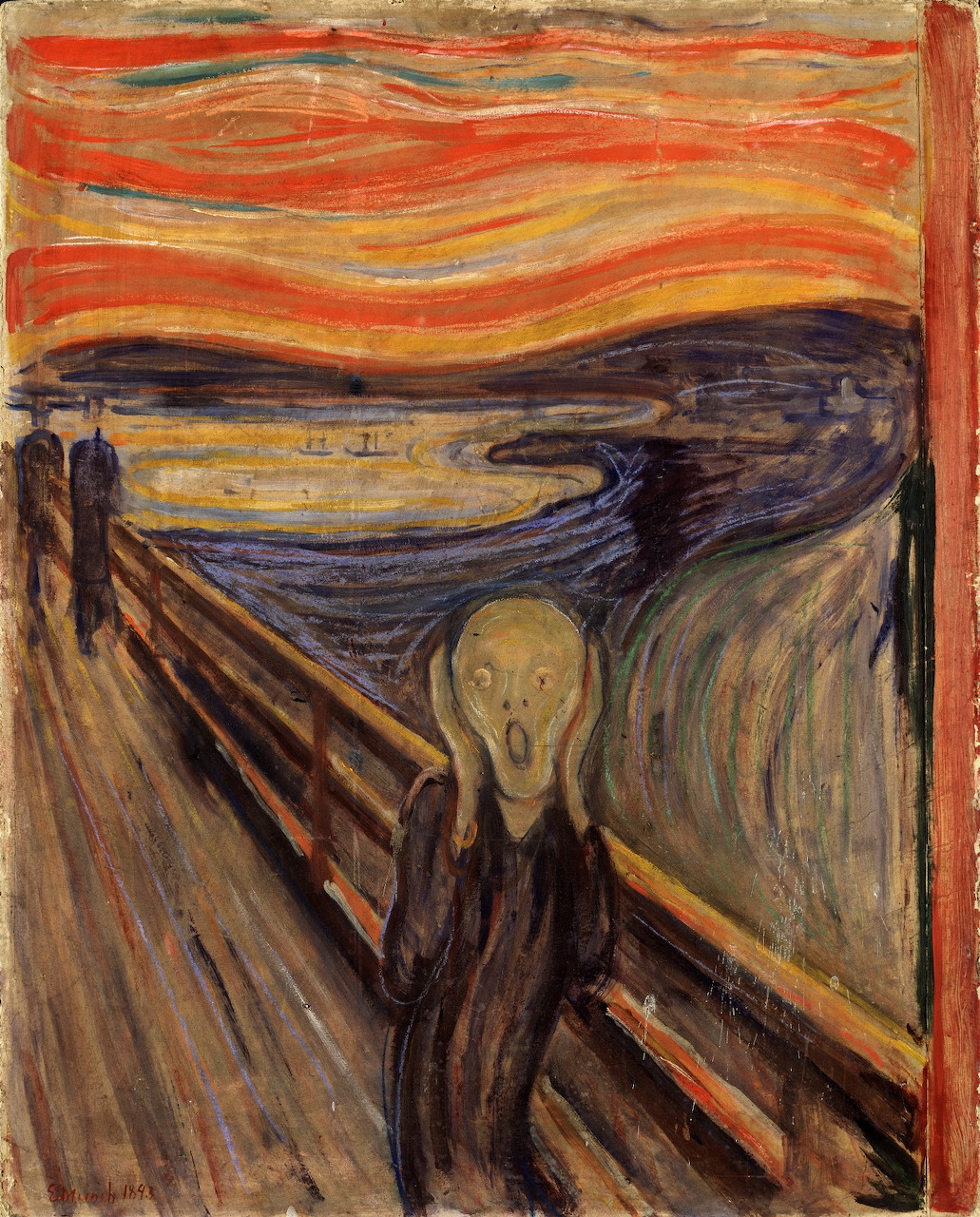 Edvard Munch's The Scream showing a ghostly figure on a bridge beneath a swirling red-orange sky