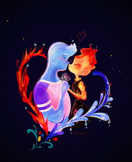 Illustration of water and fire elemental characters embracing surrounded by a heart of flames and foliage