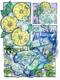 Watercolor painting of lemon slices, ice cubes, and mint leaves in cool blue and bright yellow colors