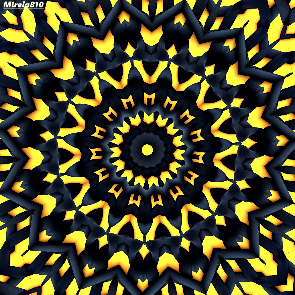 Symmetrical mandala with yellow curved shapes on black background radiating from blue center