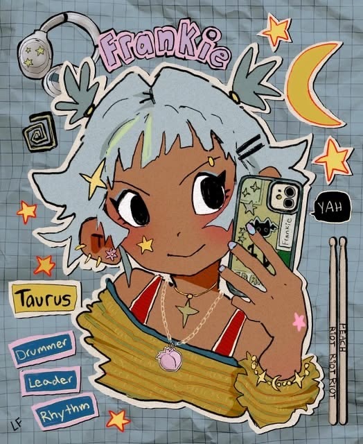 Anime girl with gray hair taking selfie with phone, surrounded by stars and decorative stickers on grid background